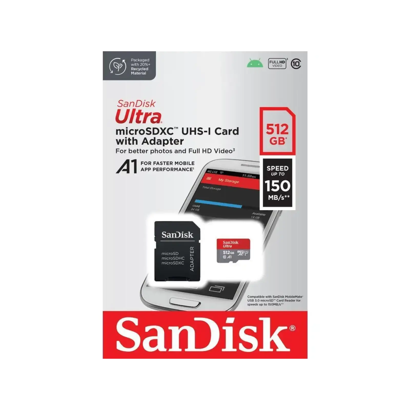 Карта пам`ятi MicroSDXC 512GB UHS-I Class 10 SanDisk Ultra A1 R150MB/s + SD-adapter (SDSQUAC-512G-GN6MA) UA