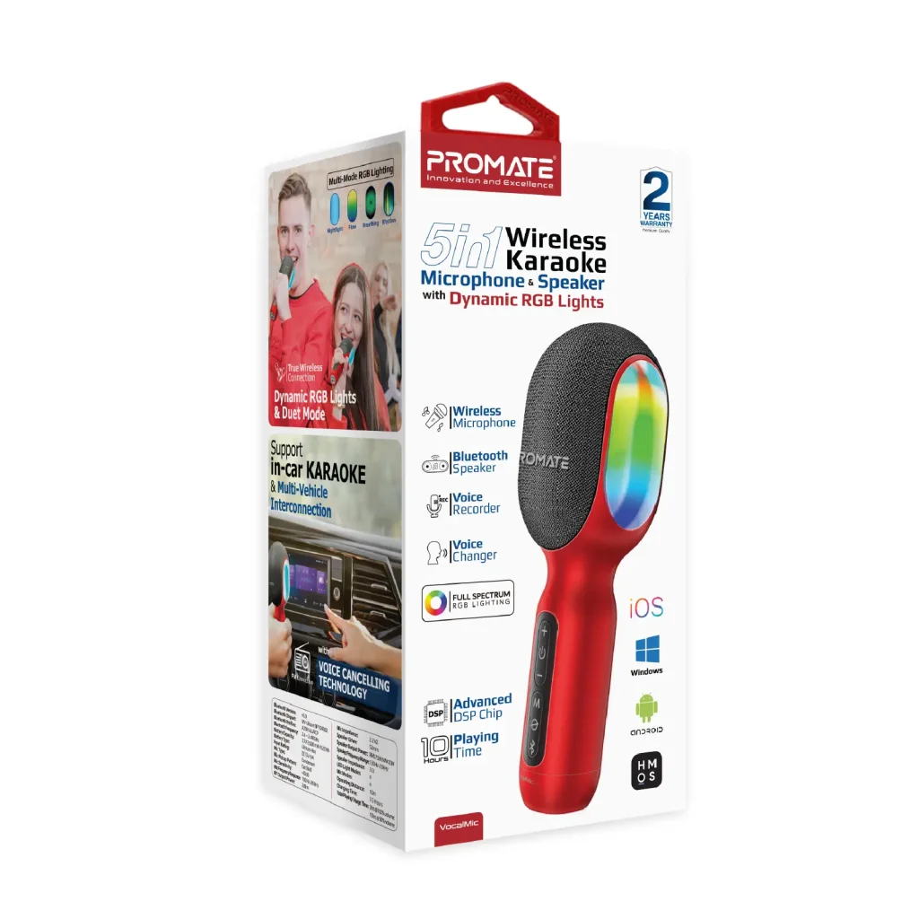 Микрофон для караоке Promate VocalMic Bluetooth LED Red (vocalmic.red) UA