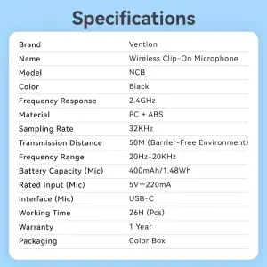 Мікрофон Vention USB Type-C 2-Pack Wireless Lavalier Black (NCBB0) UA