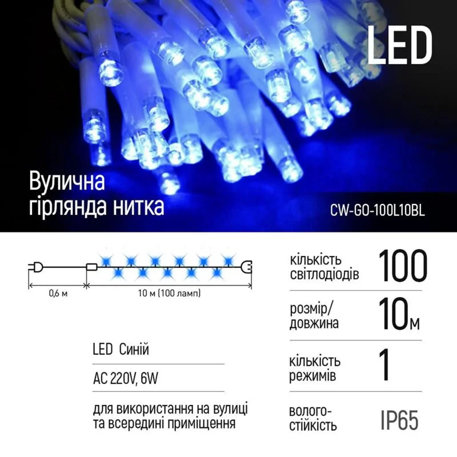 Світлодіодна гірлянда ColorWay (CW-GO-100L10BL) 100LED, 10м, синє світло UA
