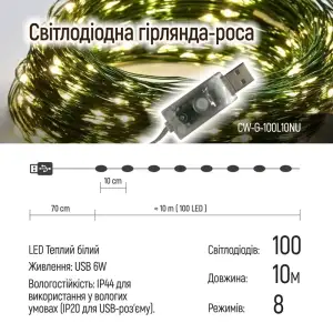 Світлодіодна гірлянда ColorWay (CW-G-100L10NU) 100LED, 10м, 8 функцій, теплий колір USB UA