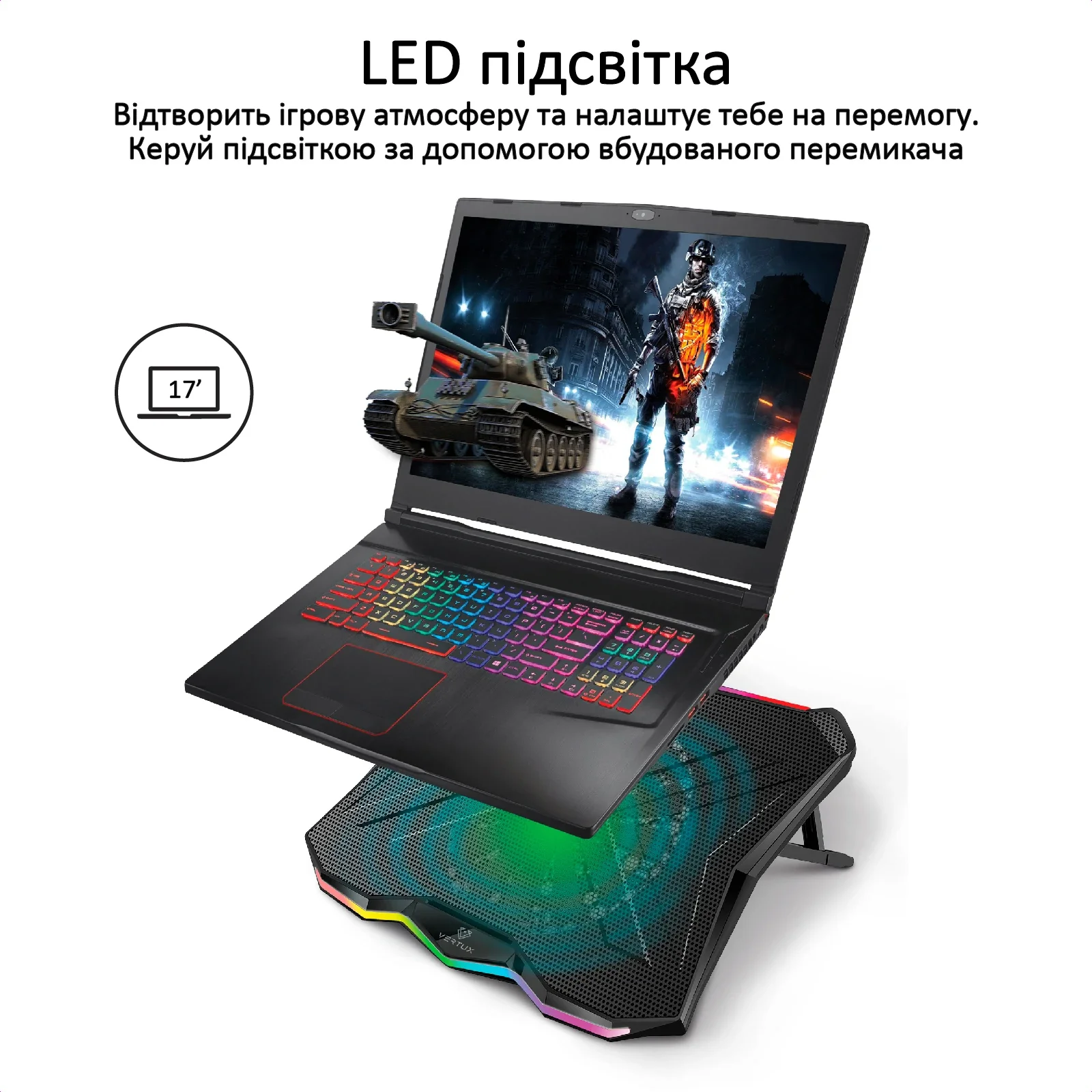 Охлаждающая подставка для ноутбука Promate Vertux Glare Black, glare.black UA