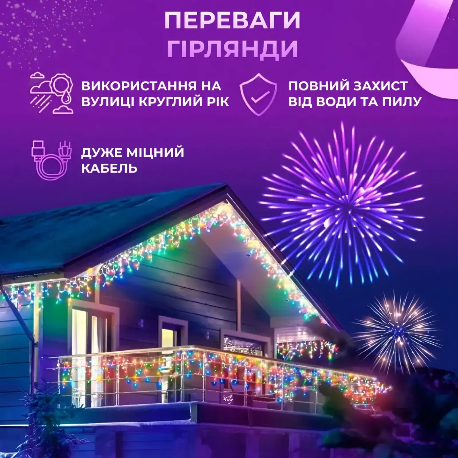 Гірлянда вулична світлодіодна 90 LED 3 метри білий дріт бахрома 18 ниток 3МWML Garlando UA