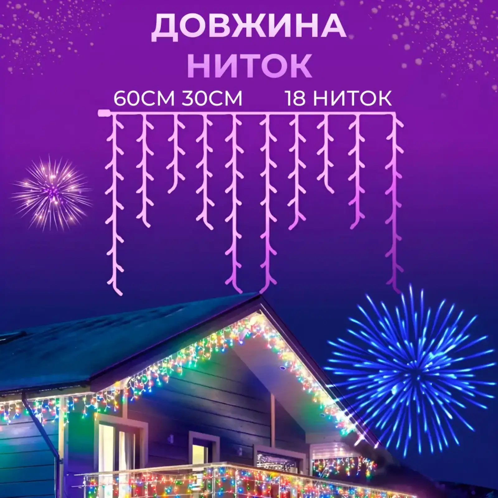 Гірлянда вулична світлодіодна 90 LED 3 метри білий дріт бахрома 18 ниток 3МWML Garlando UA