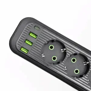 Мережевий фільтр чорний з вимикачем 3 розетки 3хUSB-A 1xUSB-C 3м HP-5-34 Yiwu UA