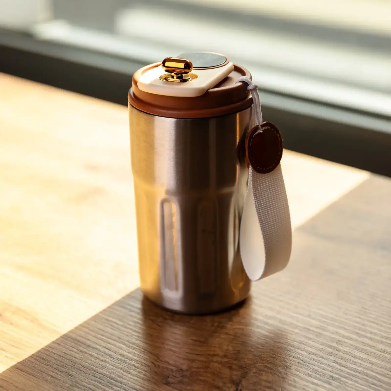 Термочашка Coffee 400 мл з ремінцем та датчиком температури, коричневий Yiwu HP-GM-1 UA