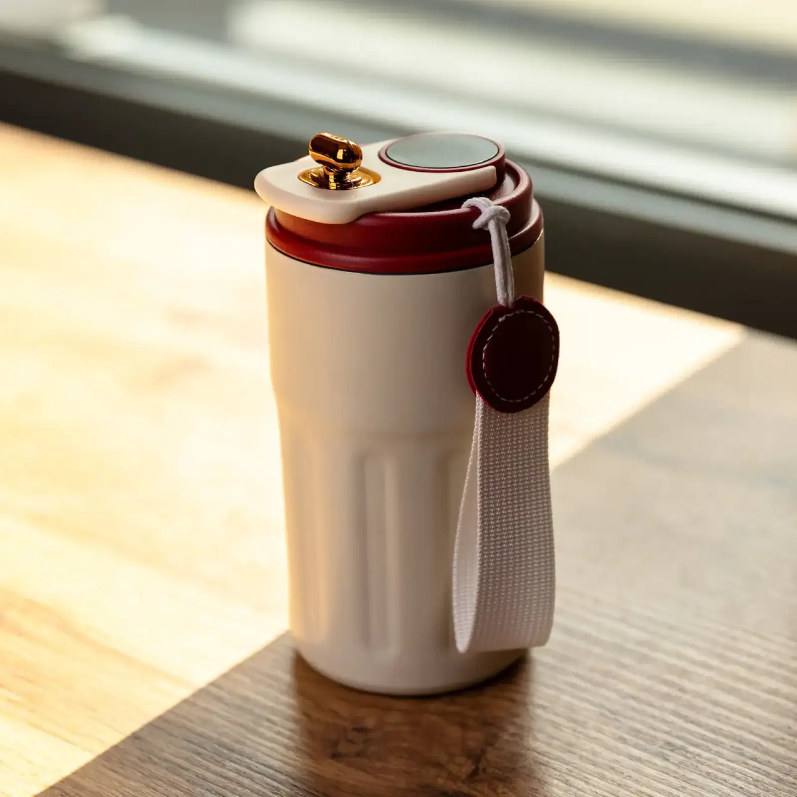 Термочашка Coffee 400 мл з ремінцем та датчиком температури, червоний Yiwu HP-GM-5 UA