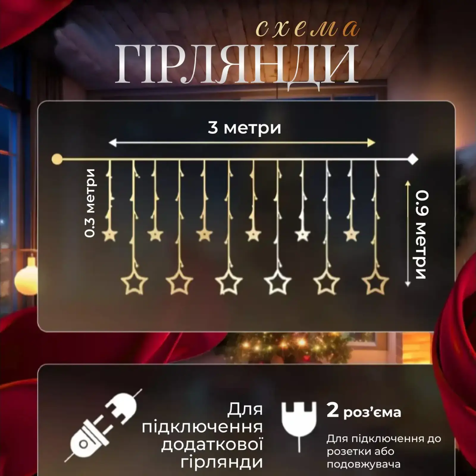 Электрическая гирлянда Звезда штора 3*0,9 м 12 на окно для фотозон белая WYF11W Garlando UA
