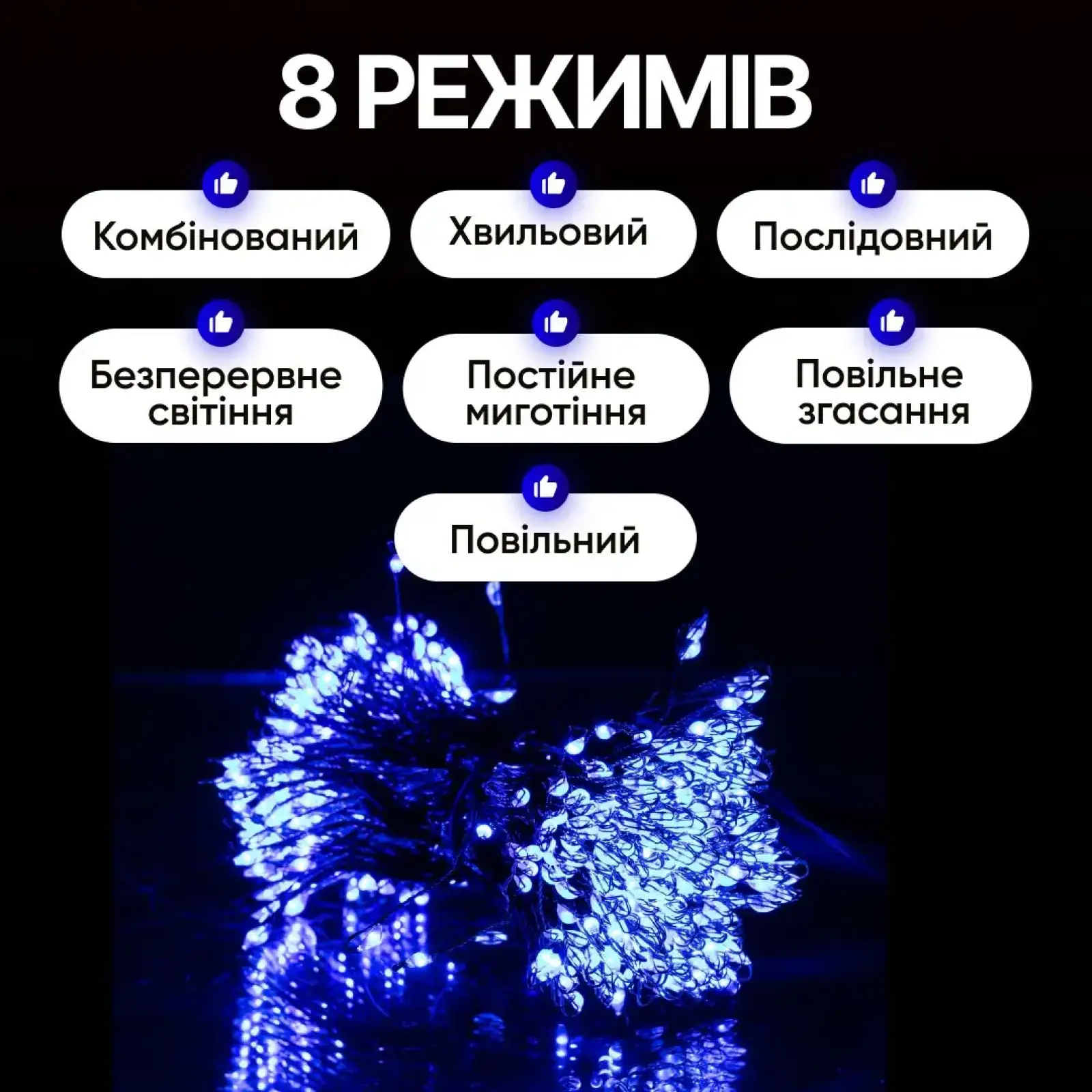 Гірлянда Кінський хвіст Мішура 1800 LED 20 ниток 3 м зелена, синій GarlandoPro D1800L3MGBL UA