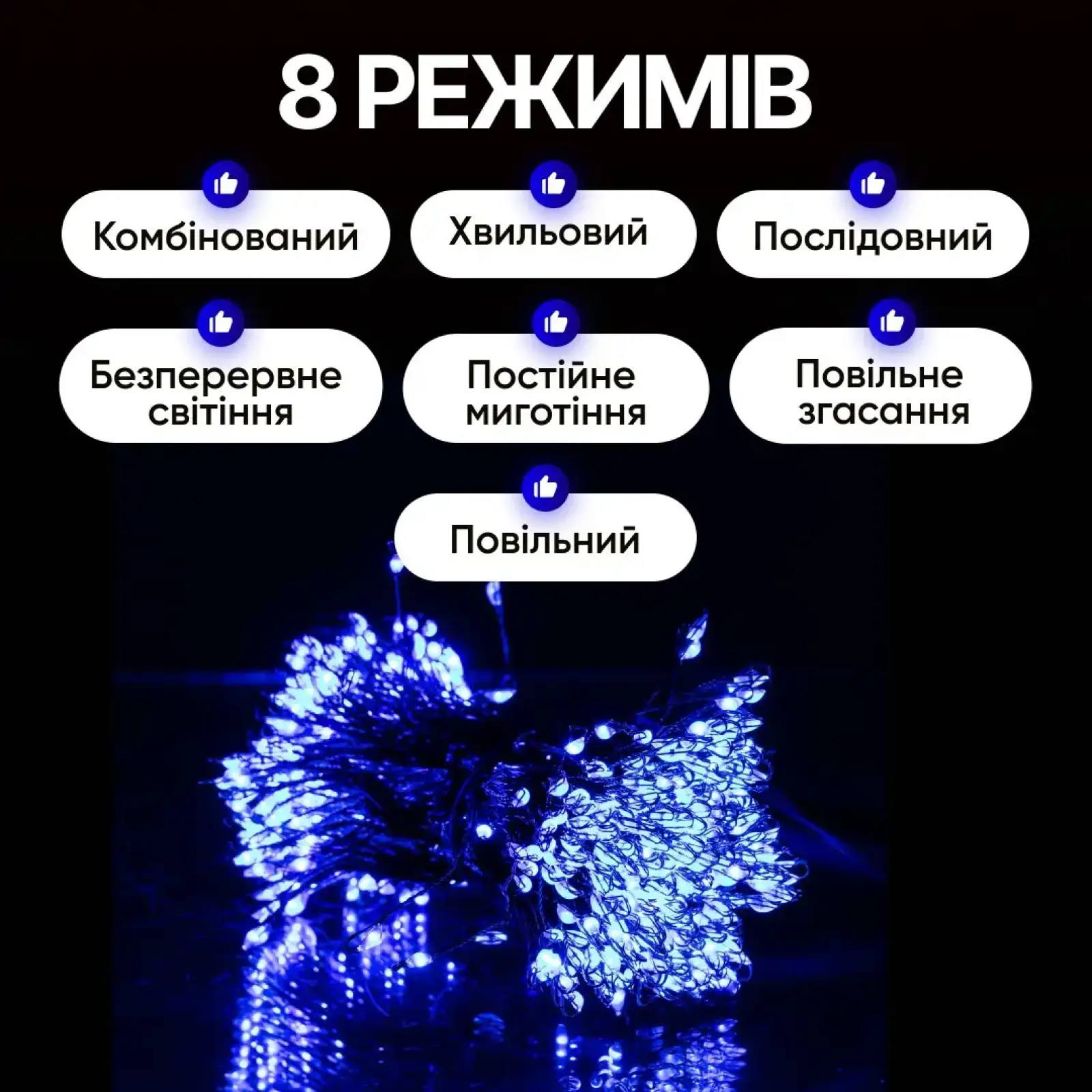 Гірлянда Кінський хвіст Мішура 960 LED 16 ниток 3 м зелена, синій GarlandoPro D960L3MGBL UA