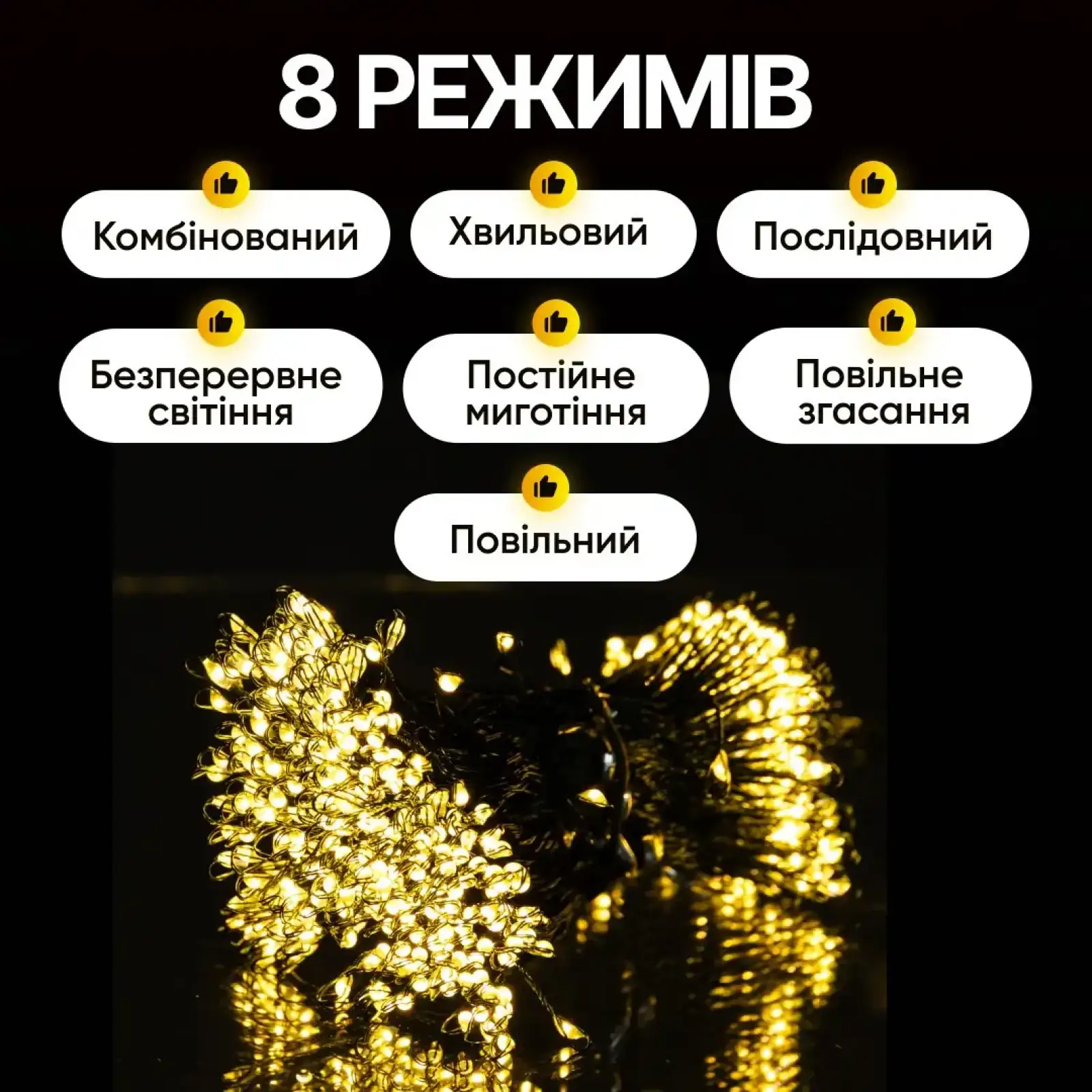 Гірлянда Кінський хвіст Мішура 960 LED 16 ниток 3 м зелена, жовтий Garlando D960L3MGY UA