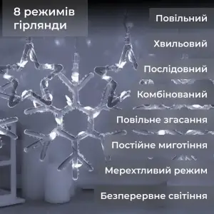Гирлянда штора 3х0,9 м снежинка звезда на 145 LED лампочек светодиодная 10 шт Белый 1733067W Garlando UA
