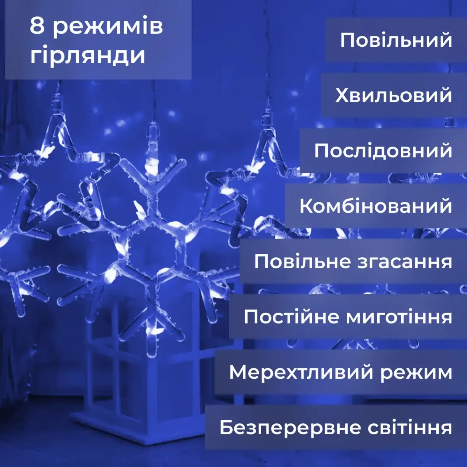 Гирлянда штора 3х0,9 м снежинка звезда на 145 LED лампочек светодиодная 10 шт Синий 1733066BL Garlando UA