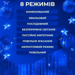 Гірлянда штора світлодіодна GarlandoPro Роса 200LED 3х2м 10 ліній 8 режимів гірлянда крапля роси Синій 173302BL UA
