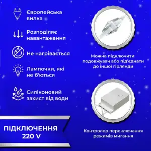 Гирлянда штора светодиодная GarlandoPro 200LED Роса 3х3м 8 режимов 10 нитей гирлянда роса на ёлке Синий 173306BL UA