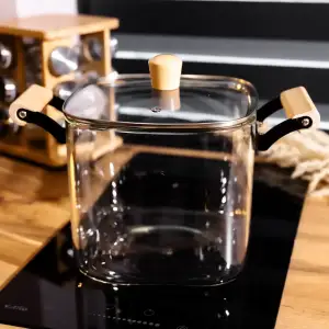 Кастрюля из боросиликатного стекла квадратная 6.5 л с деревянными ручками Yiwu HP-GP-10 UA