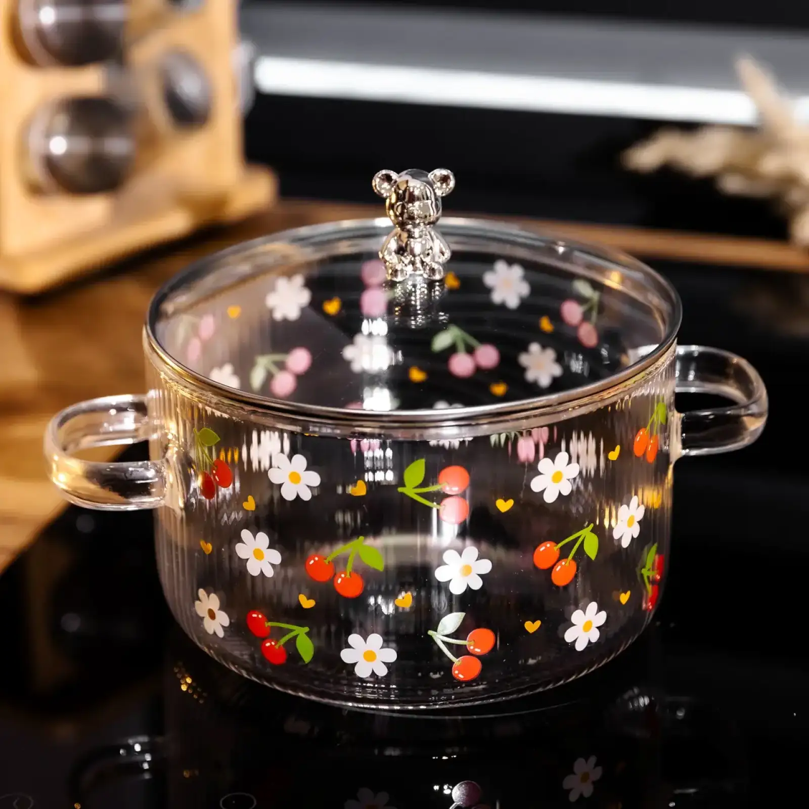 Каструля скляна Cherry 1,8 л з металевим ведмедиком на кришці Yiwu HP-GP-32 UA