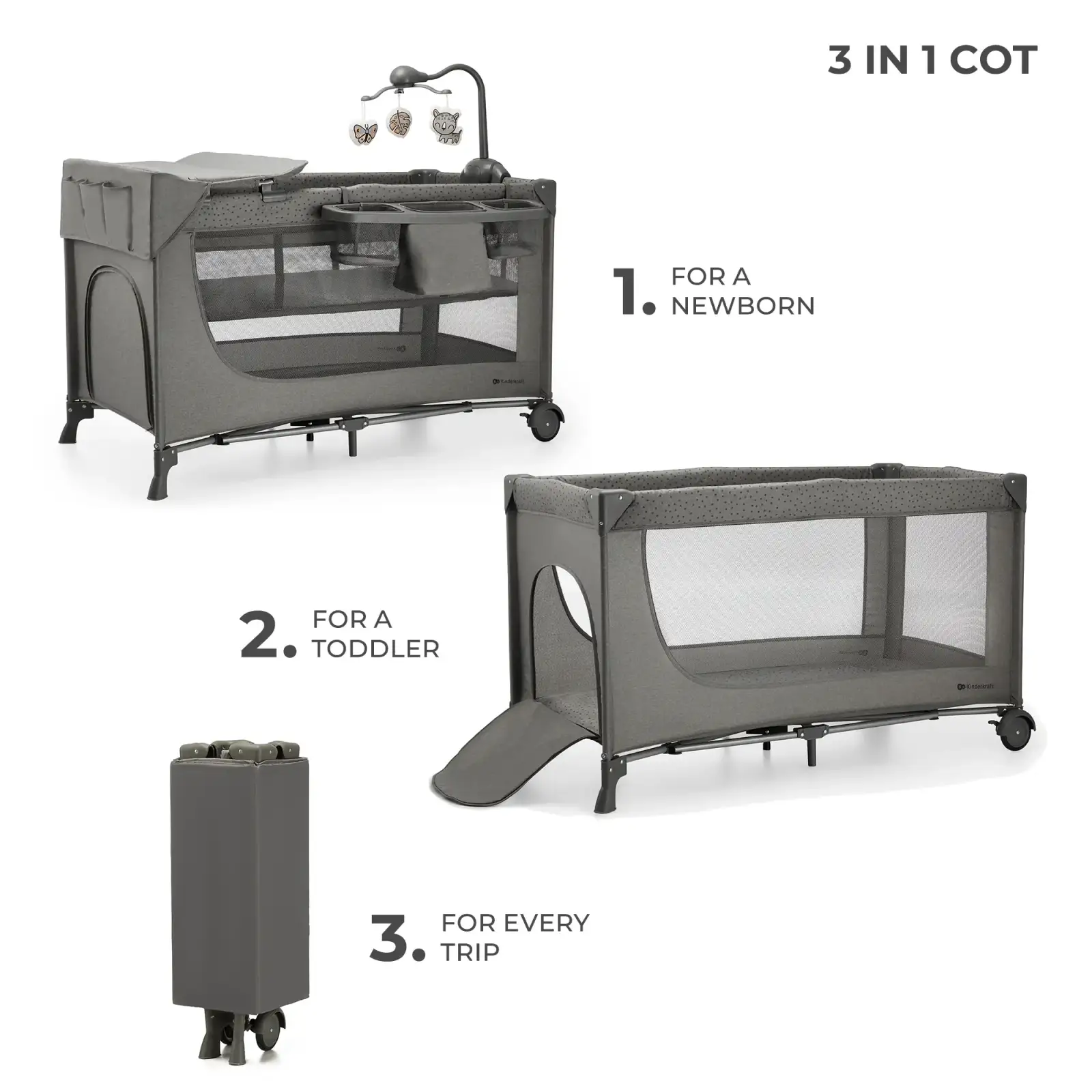 Ліжко-манеж с пеленатором Kinderkraft Joy 2 Dark Grey (KLJOY02DGR000AC)