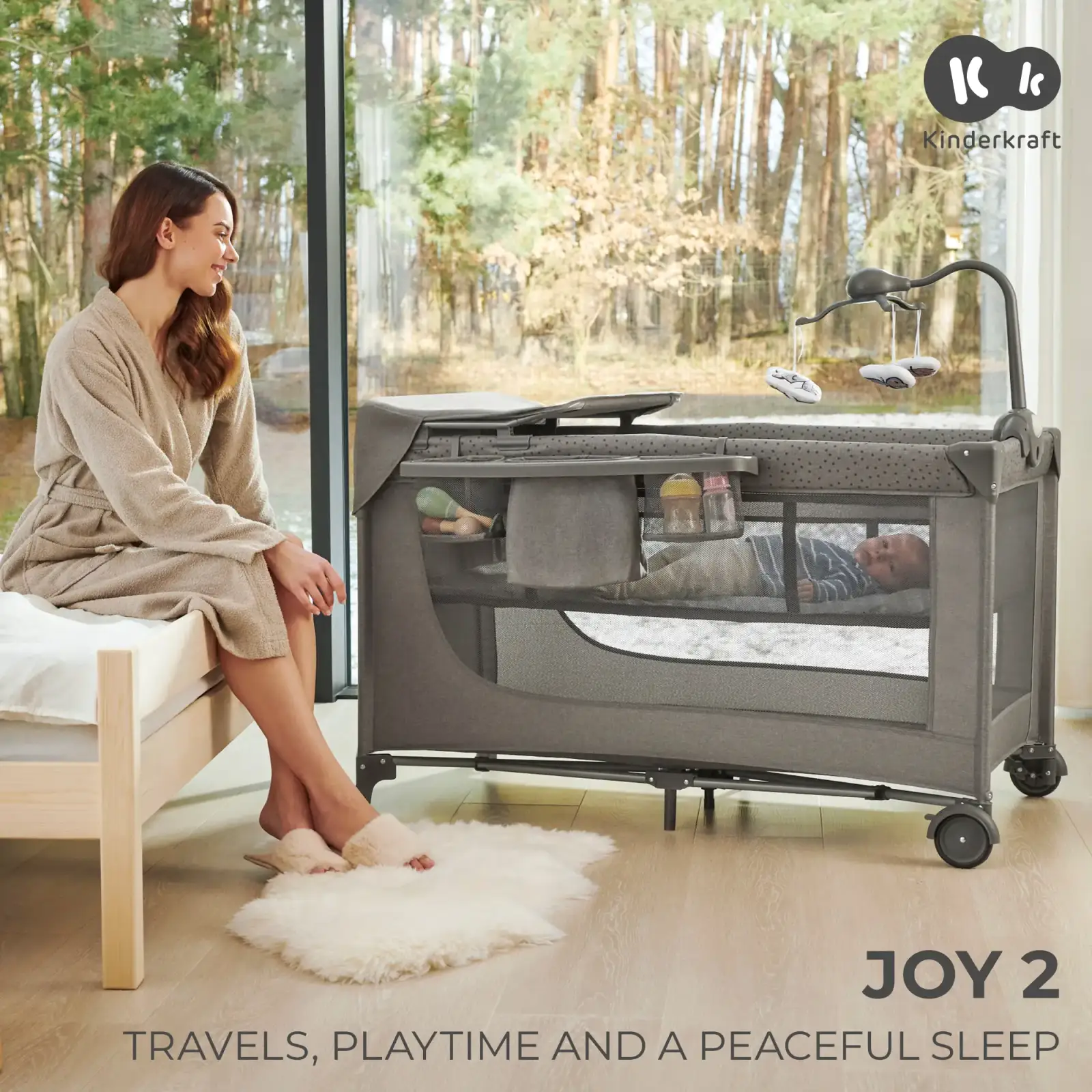 Ліжко-манеж с пеленатором Kinderkraft Joy 2 Dark Grey (KLJOY02DGR000AC)