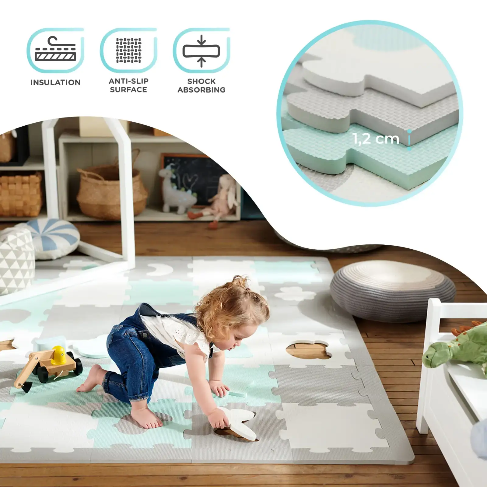 Килимок-пазл Kinderkraft Luno Shapes Mint, 30 елементів (KPLUSH00MIN0000)