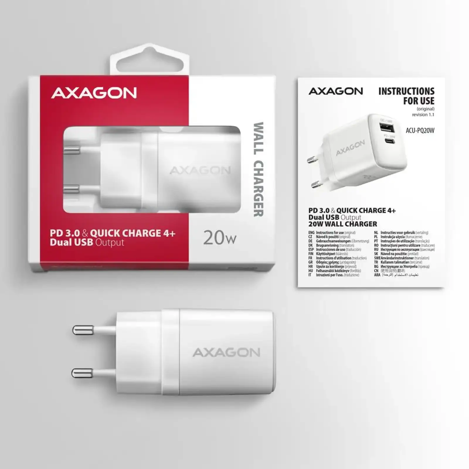 МЗП AXAGON ACU-PQ20W, QC3.0/AFC/FCP + PD type-C, 20W, Білий UA
