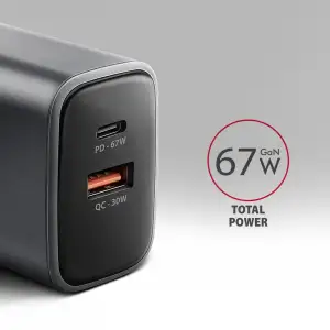 МЗП AXAGON ACU-PQ67, 2x port (USB + USB-C), PD3.0/QC4+/PPS/Apple, 67W, сірий UA