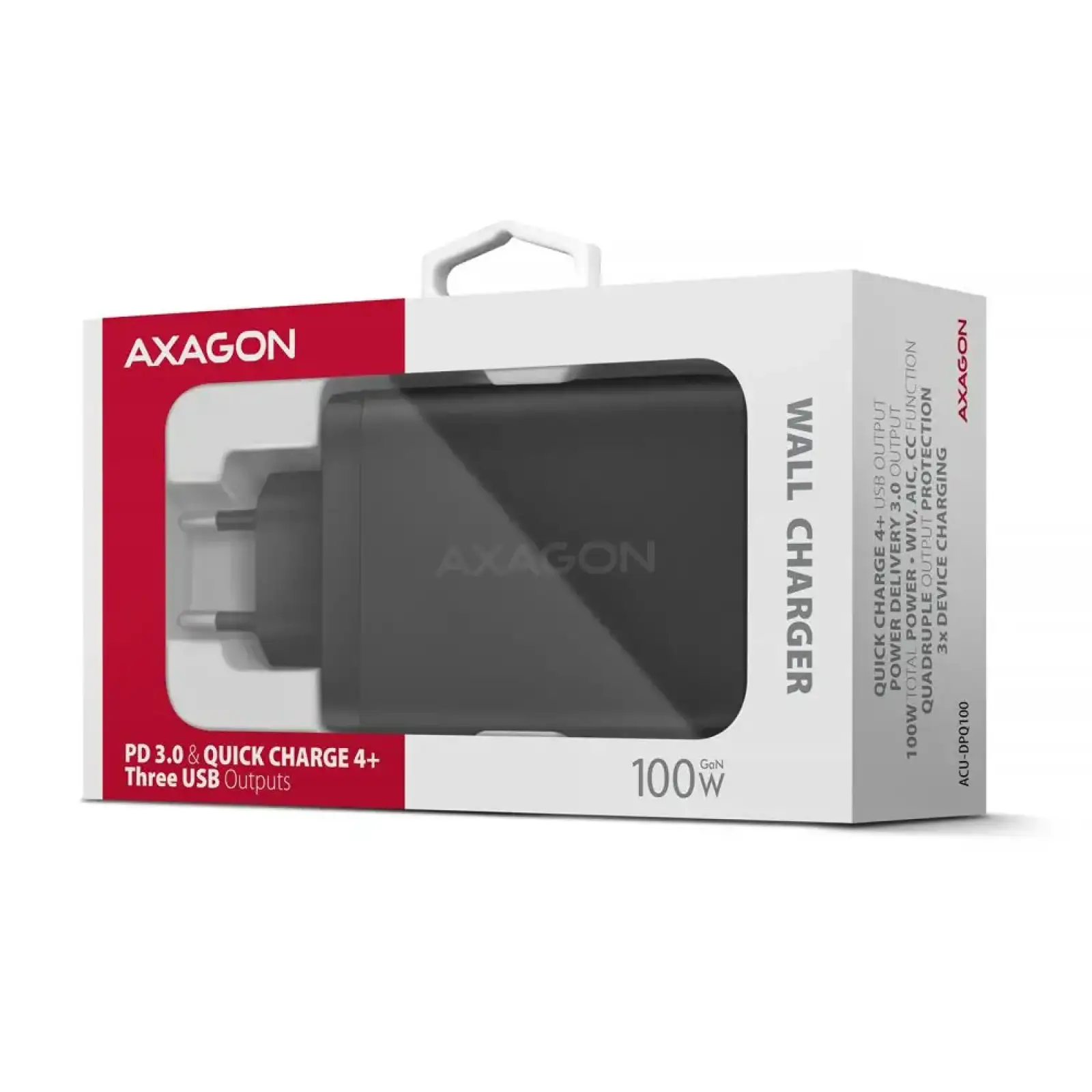 СЗУ AXAGON ACU-DPQ100, 3x port (USB + dual USB-C), PD3.0/QC4+/PPS/Apple, 100W, Чорний UA