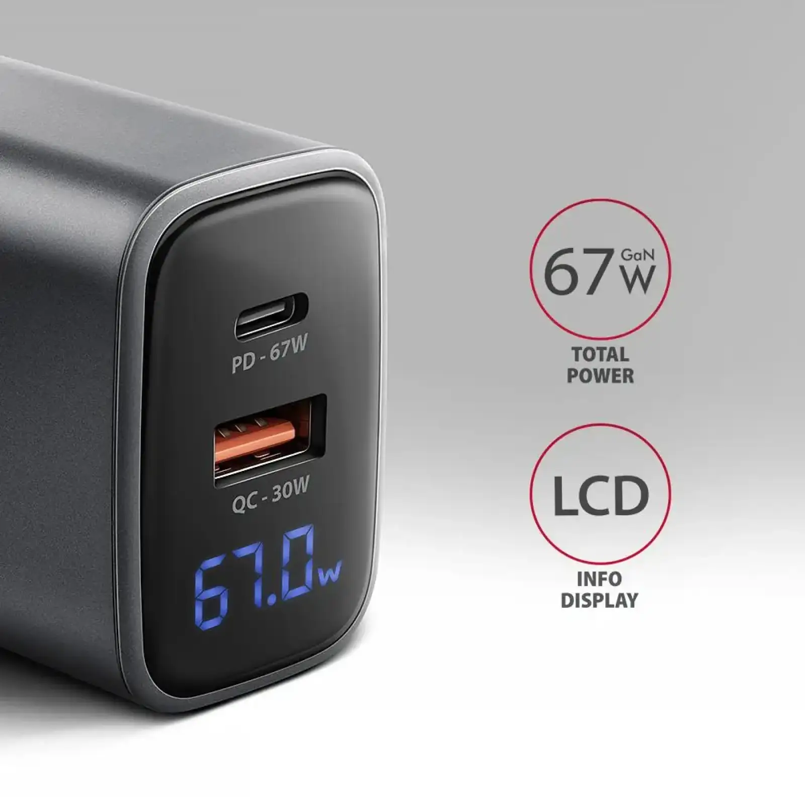 МЗП з дисплеєм AXAGON ACU-PQ67D, 2x port (USB + USB-C), PD3.0/QC4+/PPS/Apple, 67W, сірий UA