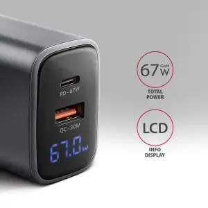 МЗП з дисплеєм AXAGON ACU-PQ67D, 2x port (USB + USB-C), PD3.0/QC4+/PPS/Apple, 67W, сірий UA