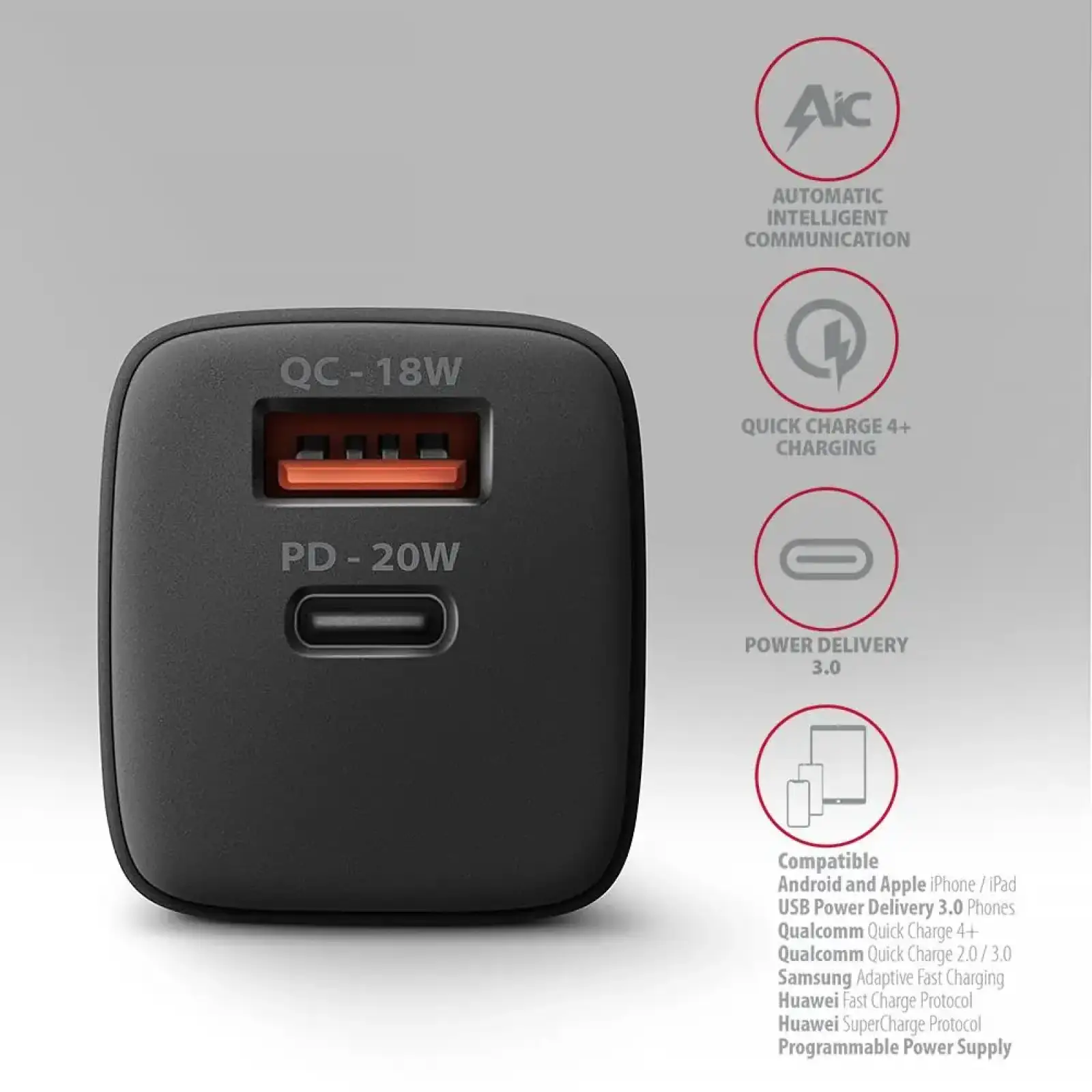 МЗП AXAGON ACU-PQ20, QC3.0/AFC/FCP + PD type-C, 20W, Чорний UA