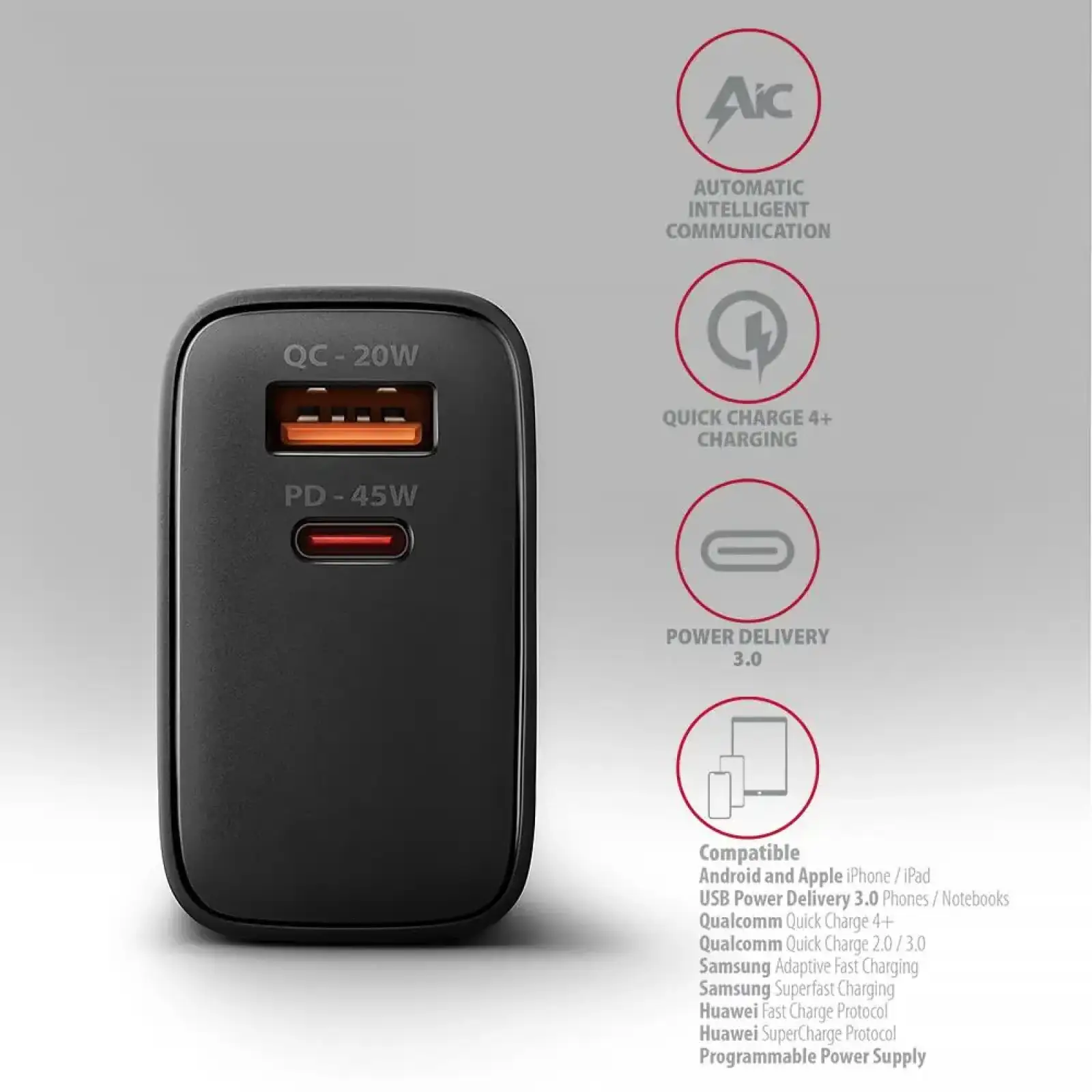 СЗУ AXAGON ACU-PQ45, QC3.0,4.0/AFC/FCP/PPS/Apple + PD type-C, 45W, Чорний UA