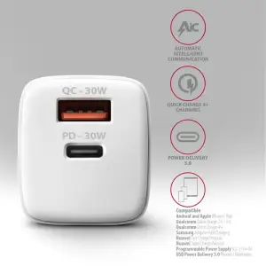 МЗП AXAGON ACU-PQ30W, QC3.0,4.0/AFC/FCP/PPS/Apple + PD type-C, 30W, Білий UA