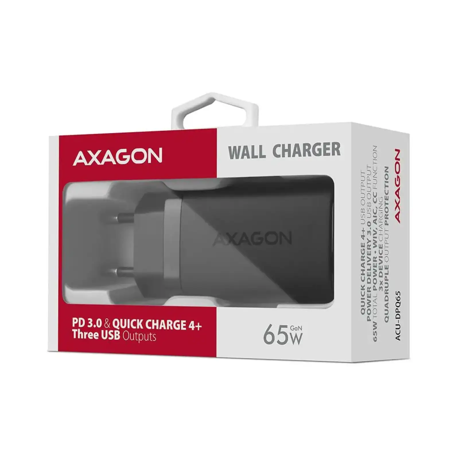 МЗП AXAGON ACU-DPQ65, 3x port (USB + dual USB-C), PD3.0/QC4+/PPS/Apple, 65W, Чорний UA