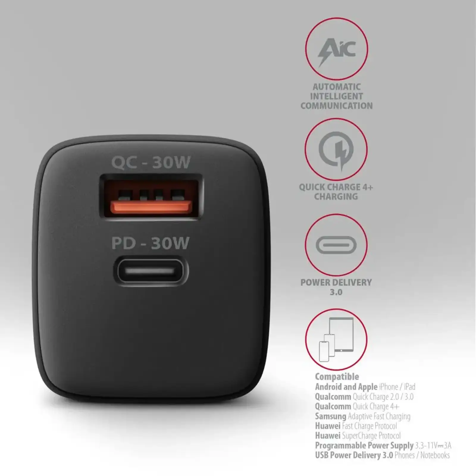 МЗП AXAGON ACU-PQ30, QC3.0,4.0/AFC/FCP/PPS/Apple + PD type-C, 30W, Чорний UA