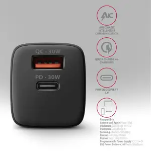 МЗП AXAGON ACU-PQ30, QC3.0,4.0/AFC/FCP/PPS/Apple + PD type-C, 30W, Чорний UA