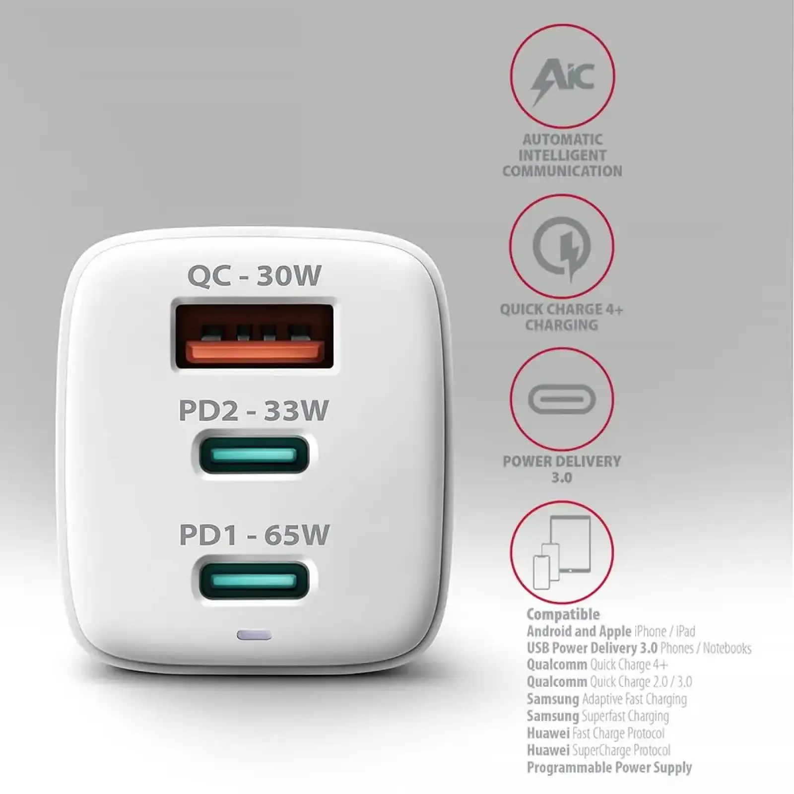МЗП AXAGON ACU-DPQ65W, 3x port (USB + dual USB-C), PD3.0/QC4+/PPS/Apple, 65W, Білий UA