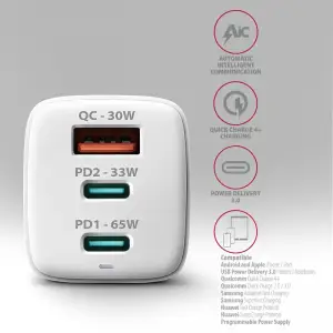 МЗП AXAGON ACU-DPQ65W, 3x port (USB + dual USB-C), PD3.0/QC4+/PPS/Apple, 65W, Білий UA