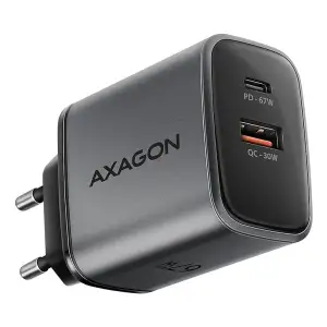 МЗП AXAGON ACU-PQ67, 2x port (USB + USB-C), PD3.0/QC4+/PPS/Apple, 67W, сірий UA