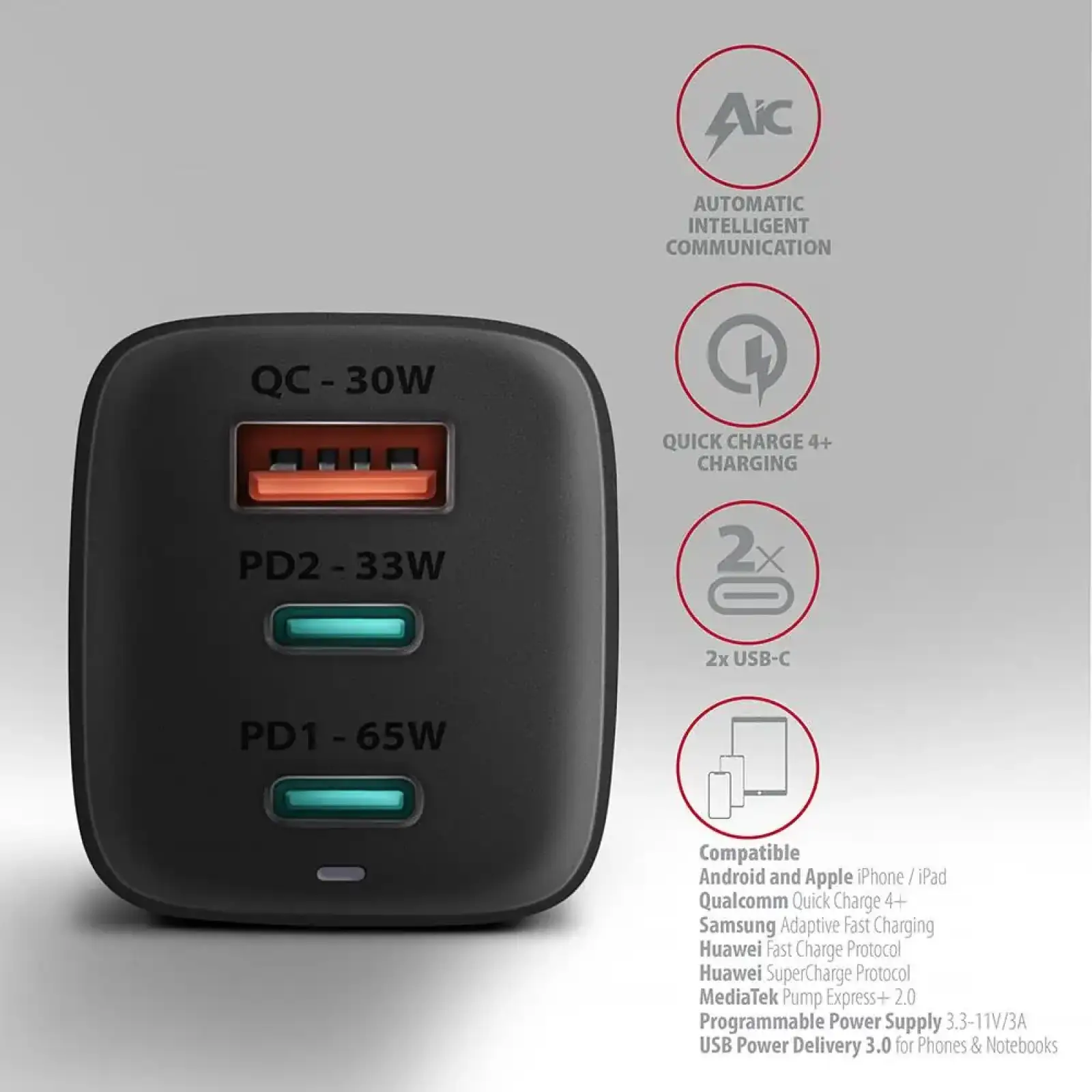 МЗП AXAGON ACU-DPQ65, 3x port (USB + dual USB-C), PD3.0/QC4+/PPS/Apple, 65W, Чорний UA