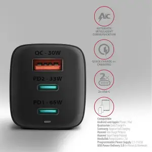 МЗП AXAGON ACU-DPQ65, 3x port (USB + dual USB-C), PD3.0/QC4+/PPS/Apple, 65W, Чорний UA