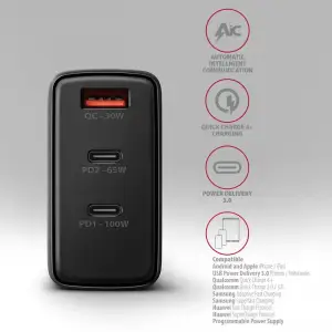 СЗУ AXAGON ACU-DPQ100, 3x port (USB + dual USB-C), PD3.0/QC4+/PPS/Apple, 100W, Чорний UA