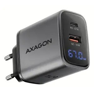 МЗП з дисплеєм AXAGON ACU-PQ67D, 2x port (USB + USB-C), PD3.0/QC4+/PPS/Apple, 67W, сірий UA