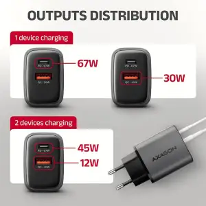 МЗП з дисплеєм AXAGON ACU-PQ67D, 2x port (USB + USB-C), PD3.0/QC4+/PPS/Apple, 67W, сірий UA