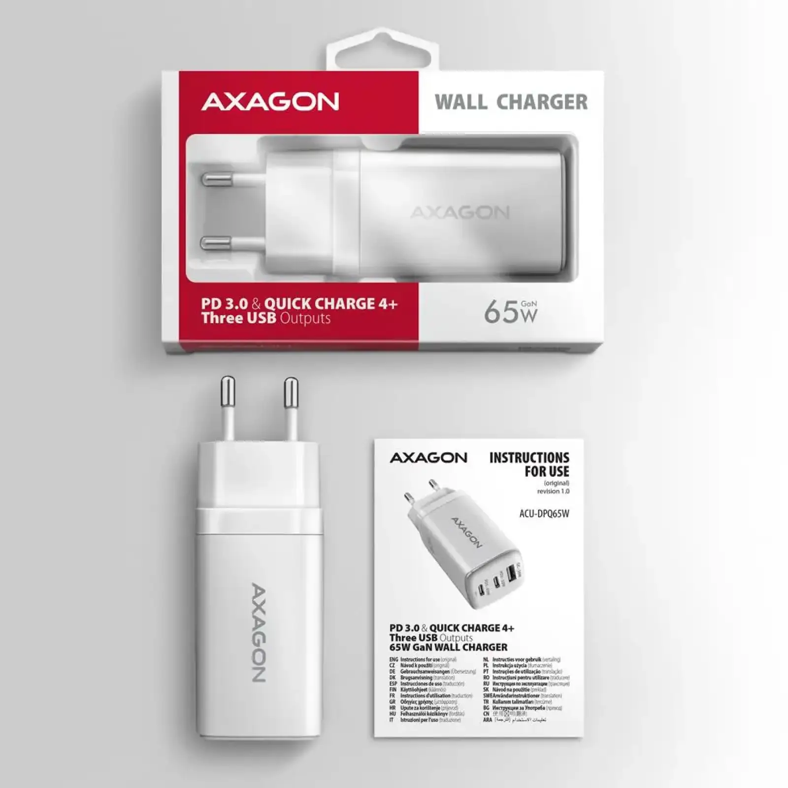 МЗП AXAGON ACU-DPQ65W, 3x port (USB + dual USB-C), PD3.0/QC4+/PPS/Apple, 65W, Білий UA