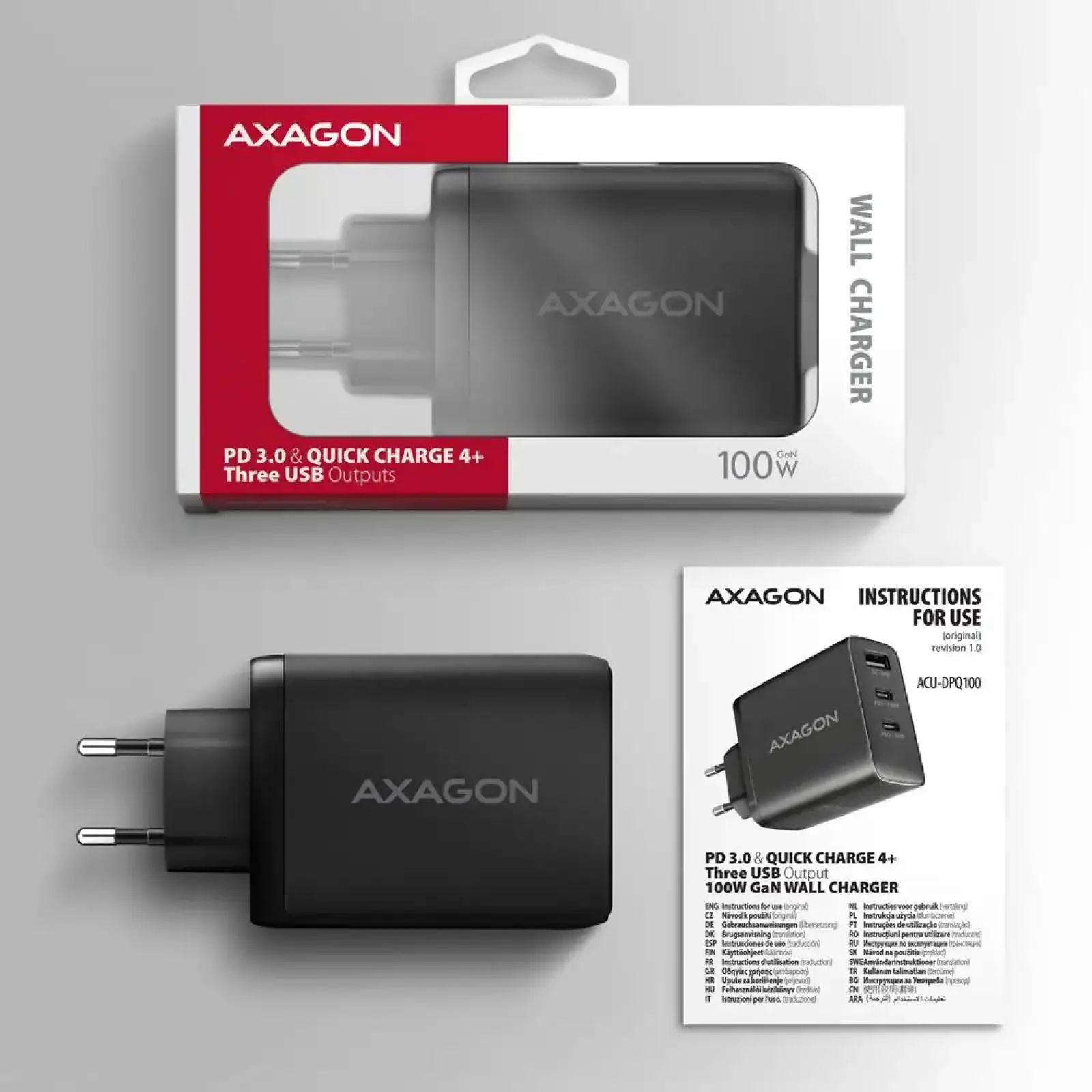 СЗУ AXAGON ACU-DPQ100, 3x port (USB + dual USB-C), PD3.0/QC4+/PPS/Apple, 100W, Чорний UA