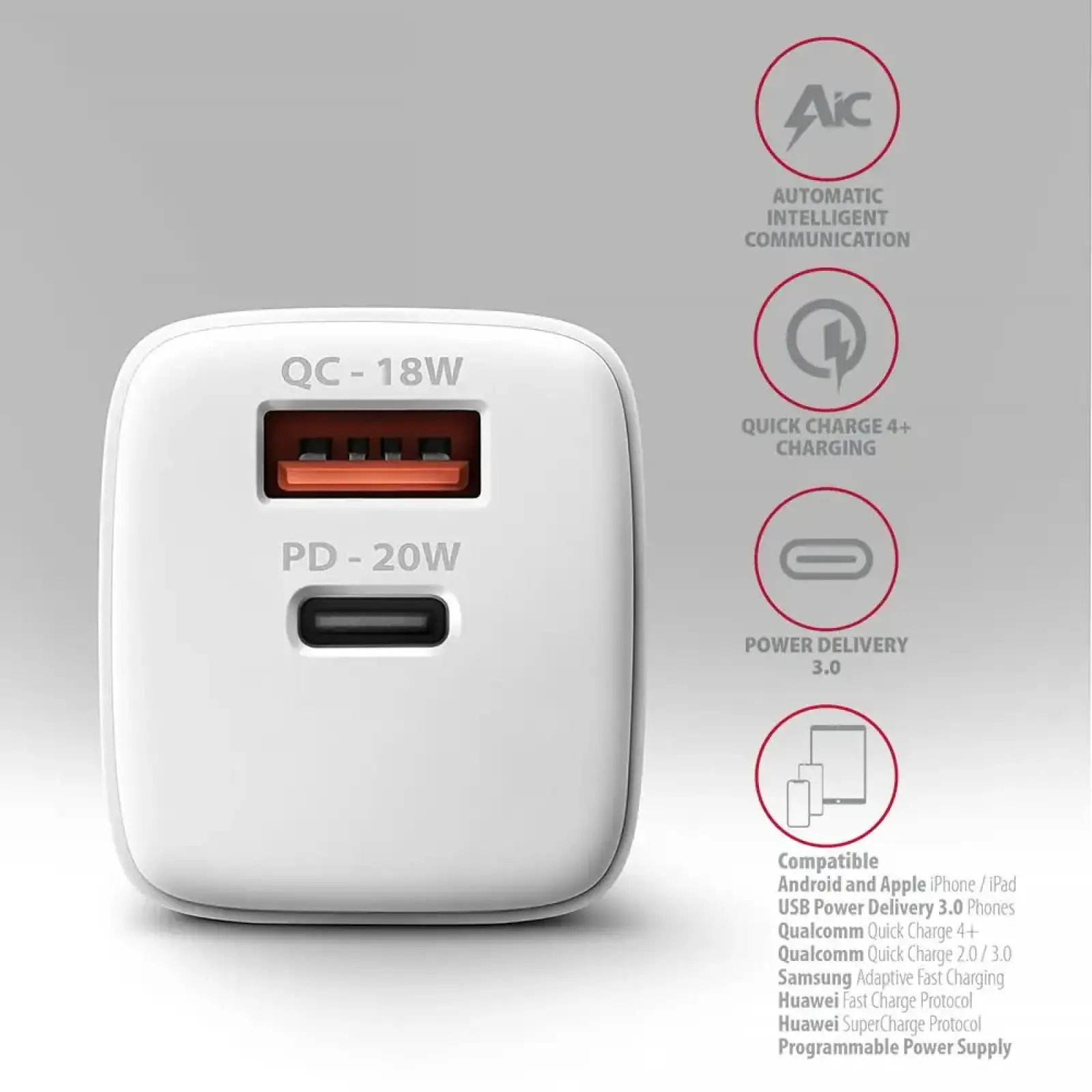 МЗП AXAGON ACU-PQ20W, QC3.0/AFC/FCP + PD type-C, 20W, Білий UA