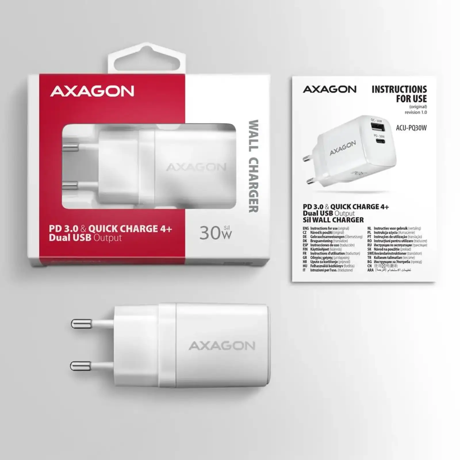 МЗП AXAGON ACU-PQ30W, QC3.0,4.0/AFC/FCP/PPS/Apple + PD type-C, 30W, Білий UA
