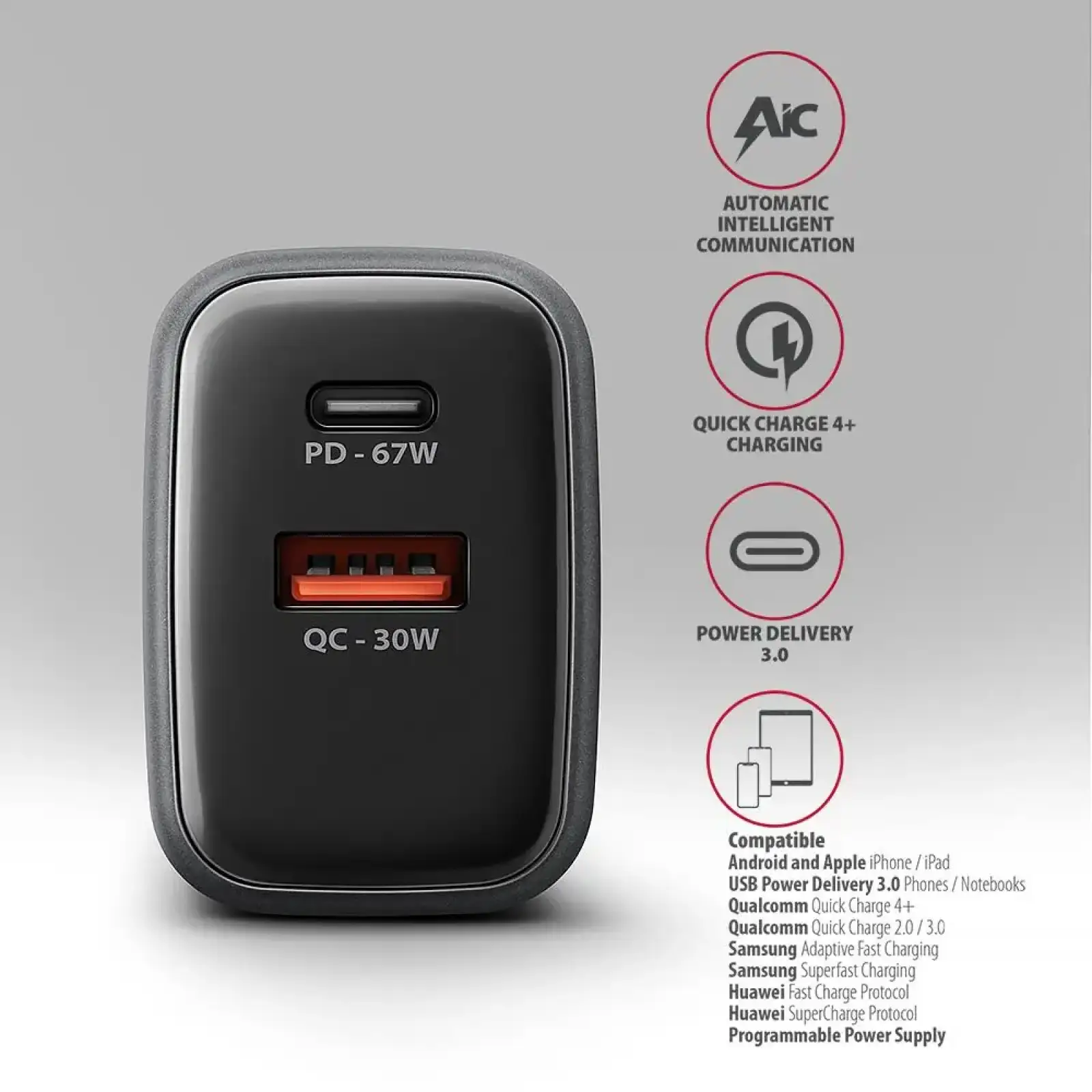МЗП AXAGON ACU-PQ67, 2x port (USB + USB-C), PD3.0/QC4+/PPS/Apple, 67W, сірий UA