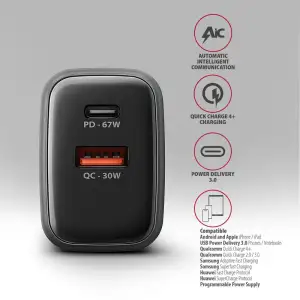 МЗП AXAGON ACU-PQ67, 2x port (USB + USB-C), PD3.0/QC4+/PPS/Apple, 67W, сірий UA