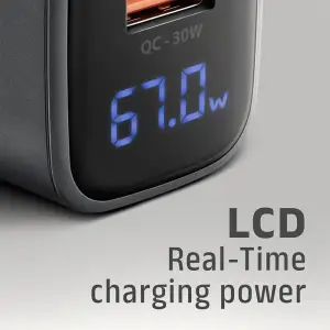 МЗП з дисплеєм AXAGON ACU-PQ67D, 2x port (USB + USB-C), PD3.0/QC4+/PPS/Apple, 67W, сірий UA